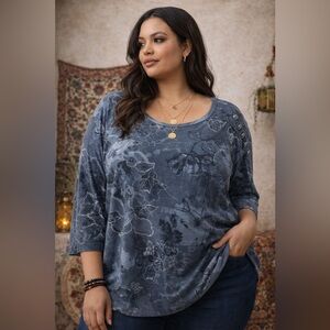 Susan Graver Weekend Floral Knit Top 3X Blue Gray Cotton Modal